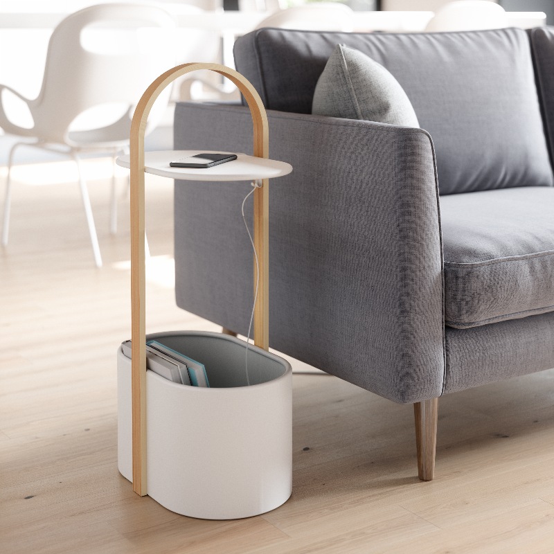 designer storage table in wood and metal